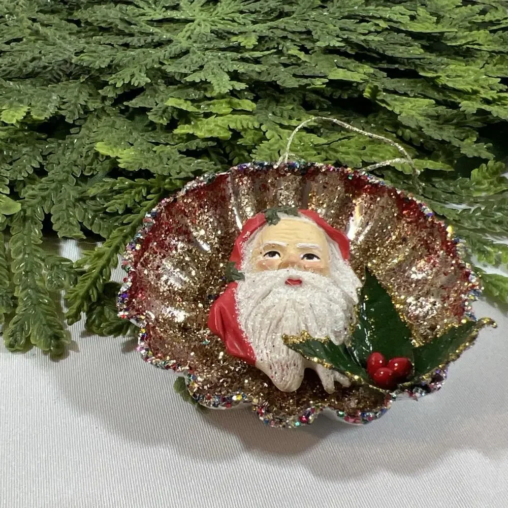 Vintage Round Tart Tin Old World Santa Diorama Mid Century Glitter Ornament